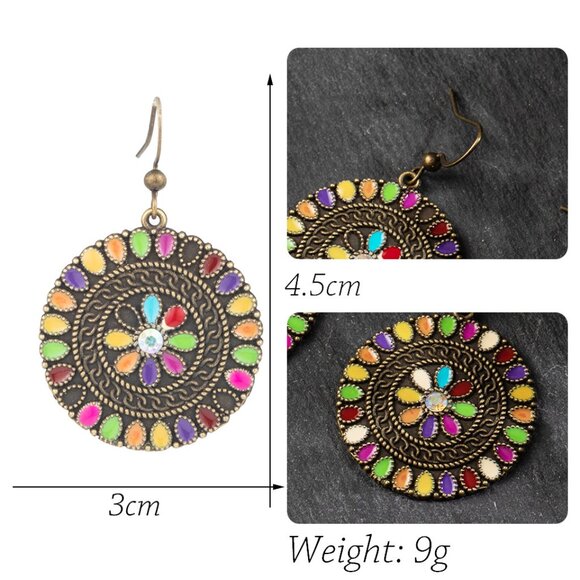 3/$35 Ethnic Dangle Drop Earrings Antique Gold Round Colourful Stones Jewelry - Picture 8 of 8
